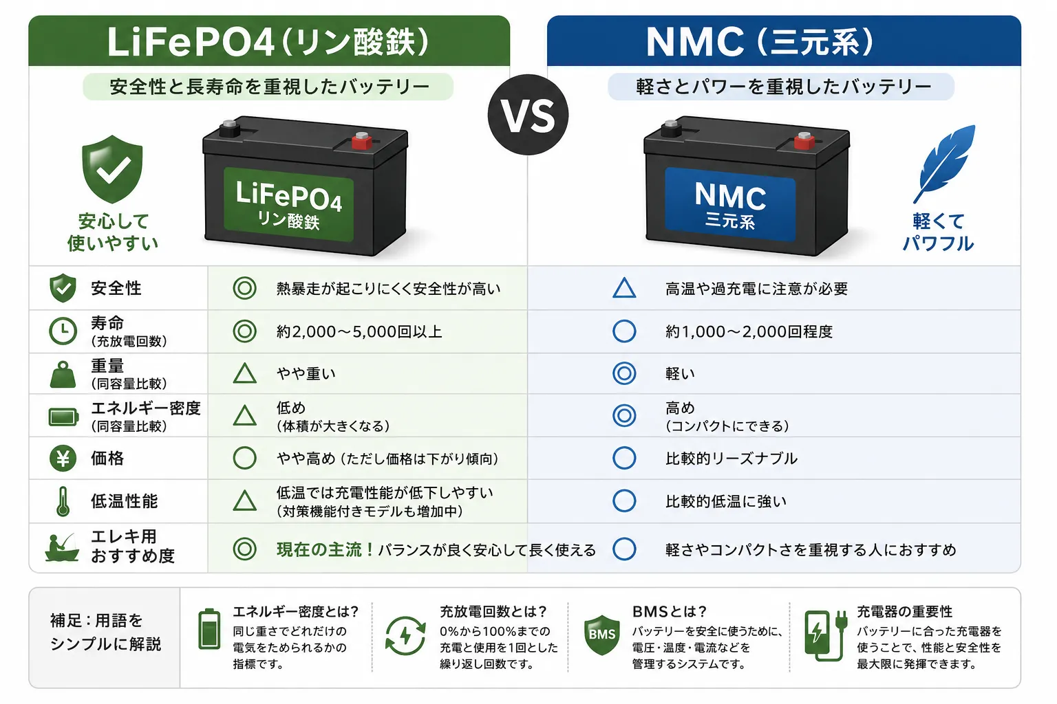 LiFePO4(リン酸鉄)とNMC(三元系)バッテリーの違いを比較した図解